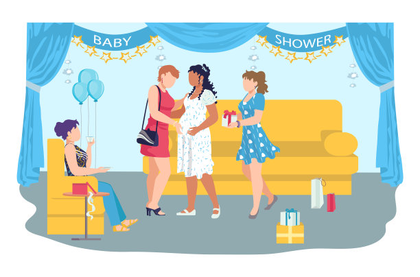 婴儿淋浴庆祝派对在舒适的房间，妇女怀孕字符喜悦妊娠平矢量插图，孤立的白色。图片下载