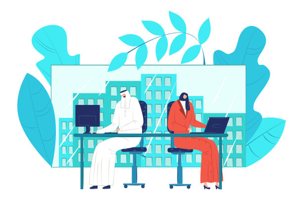 阿拉伯穆斯林商人，女商人坐在办公室工作场所，商务工作笔记本电脑工作平面矢量插图，孤立的白色。图片下载