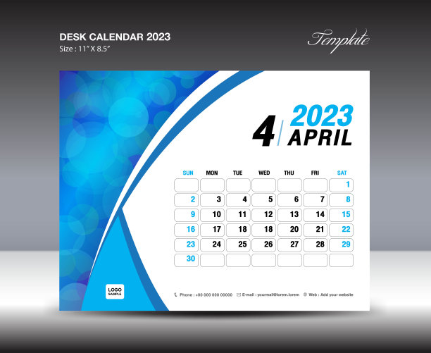 2023年4月模板-台历2023年模板，2023年挂历2023年，每周开始周日，记事本设计，文具设计，传单设计，印刷媒体，蓝色曲线背景矢量图片下载