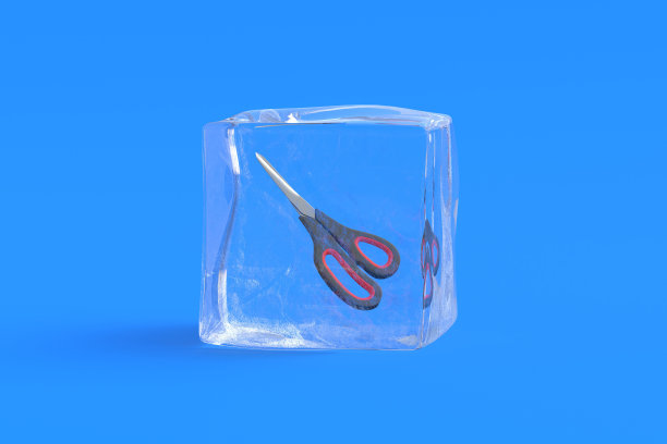 剪刀在冰块里。三维演示图片下载