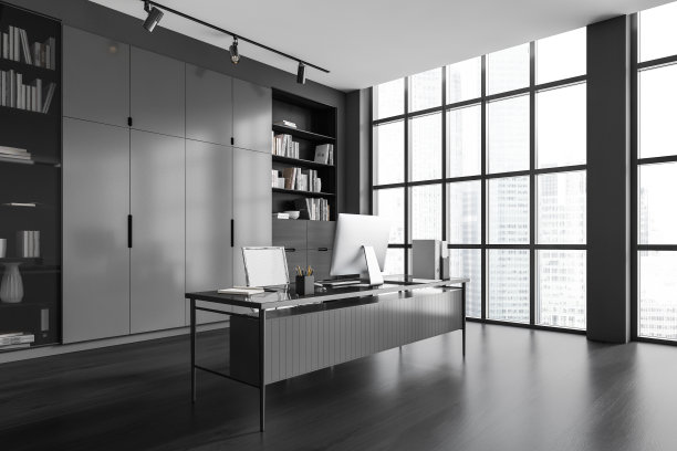 灰色ceo内部与工作台和橱柜近全景窗口图片下载