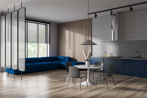 现代的工作室内部设有制冷和烹饪区，全景窗口图片下载