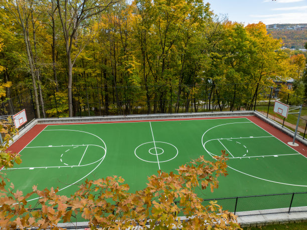 学校操场上绿色和红色的户外篮球场的航拍照片。场地包括挡土墙和黑色乙烯基涂层链环围栏。图片下载