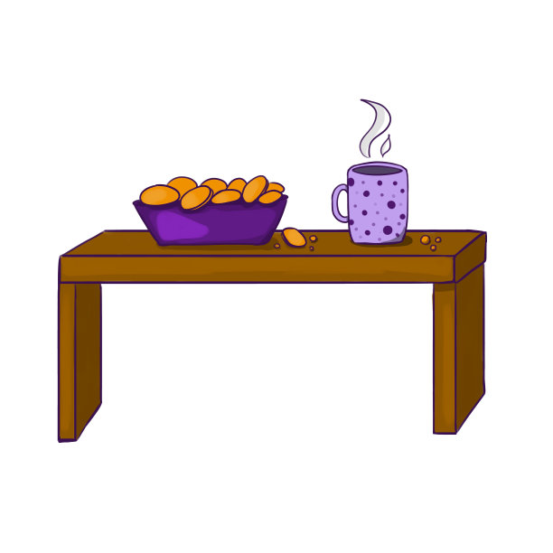 床头桌上有一个热气腾腾的马克杯和一盘饼干，卡通风格的彩色插画图片下载