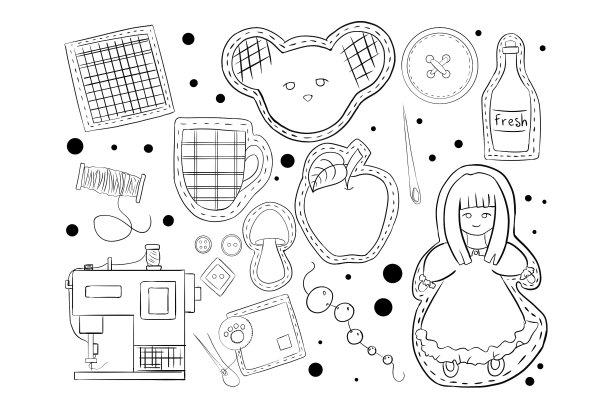 套装有缝制补丁，黑白插图卡通风格图片下载