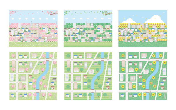 平面，城市景观背景插图集。春天，初夏和夏天的形象。图片下载