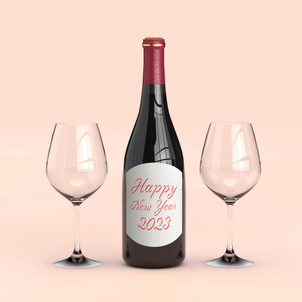 两个带2023年新年标志的酒杯和红酒瓶。3d渲染图片下载