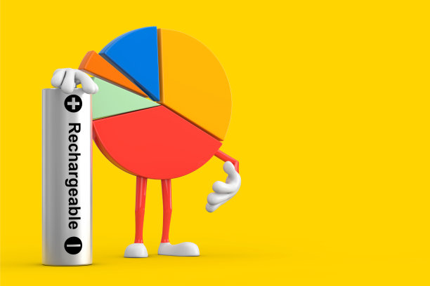 信息图形业务饼图人物与充电电池。3d渲染图片下载