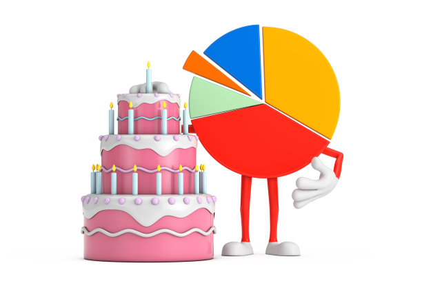 信息图形业务饼图人物与生日卡通甜点分层蛋糕和蜡烛。3d渲染图片下载