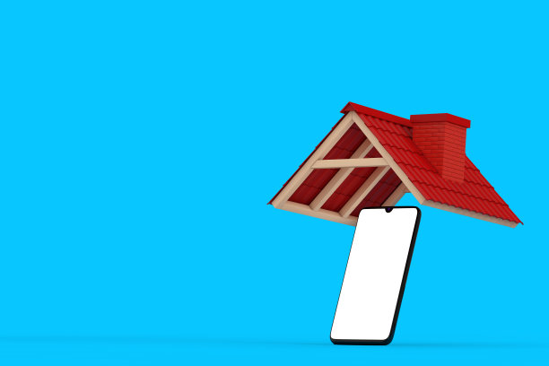 为您设计的红瓦屋顶下的空白屏幕现代手机。3d渲染图片下载