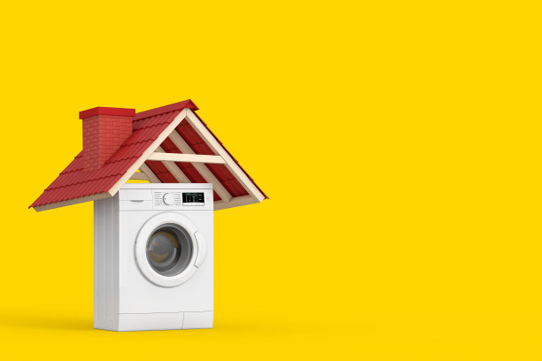 红瓦屋顶下的白色现代洗衣机。3d渲染图片下载