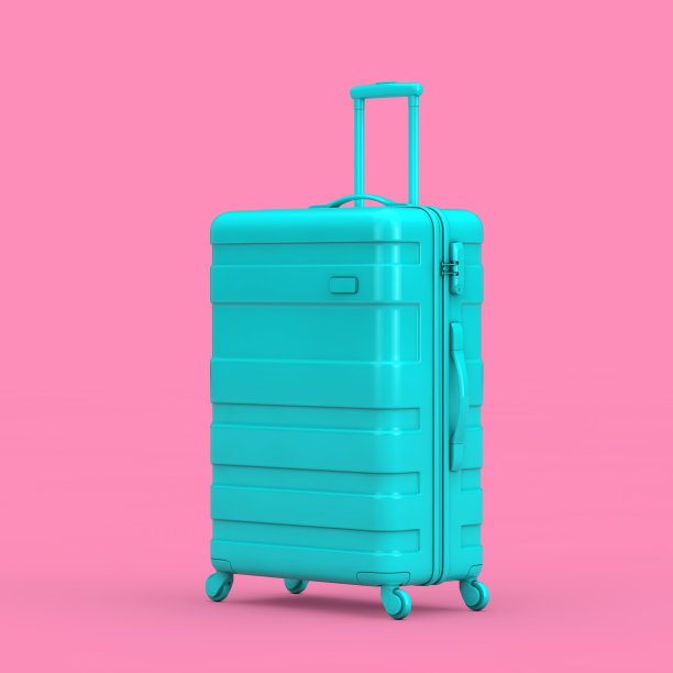 旅游假期假期概念。多色调风格现代豪华塑料蓝色大行李箱。3d渲染图片下载