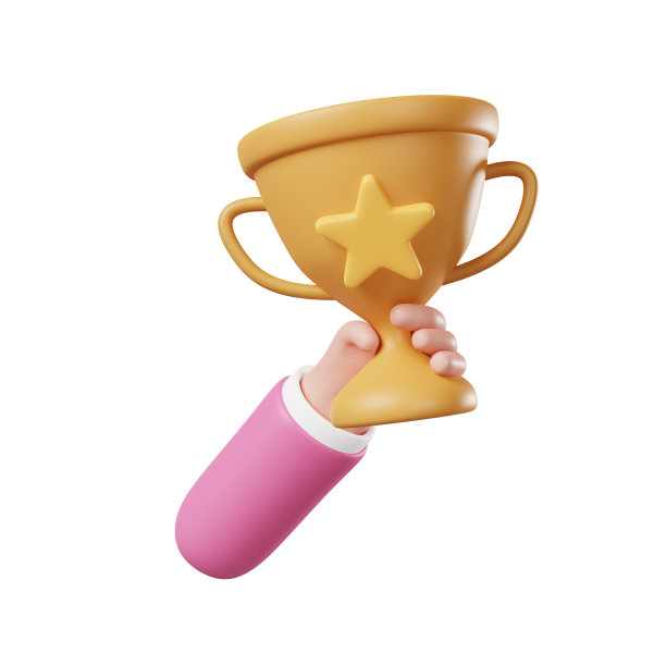 极小的手拿着一个孤立在白色背景上的获胜者奖杯。举起冠军星杯奖品标志。事业目标成功，胜利祝贺，成就奖励理念。三维渲染图片下载