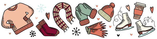 线条艺术集的矢量元素。扁平图标包。冬季Hygge系列，雪的象征，户外运动和舒适的家庭时光。包装、横幅和卡片的手绘涂鸦轮廓设计。图片下载