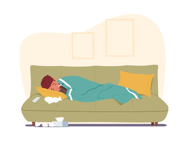 生病的男孩睡在床上，嘴里含着体温计，到处撒手帕。可爱的小孩感觉很糟图片下载