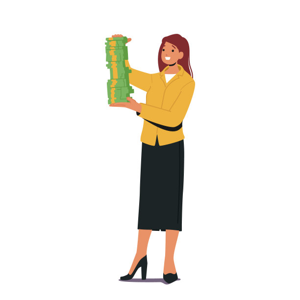 快乐富有的女商人角色高兴与巨大的一叠美元钞票。成功的女商人百万富翁图片下载