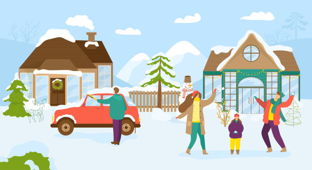 圣诞佳节近屋，矢量插图。冬季城市街道以雪景为背景，卡通欢乐的人景。平的庆祝活动图片下载