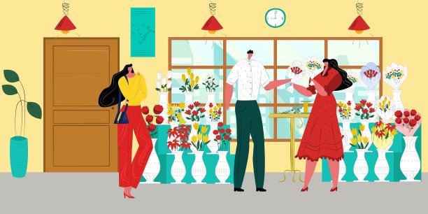 花店，男人女人人在商店，矢量插图。花商人物手持花束，扁女买卡通植物。专业的工作图片下载