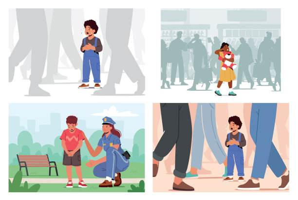 孩子在公共场所迷路，孩子害怕哭泣，在大城市寻找母亲。警察在公园里帮助男孩图片下载