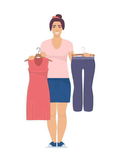 微笑的年轻女子拿着衣架与裤子和连衣裙。选择衣服的概念。平面风格的矢量插图。图片下载