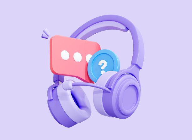 带有信息和问号的3D耳机。客户支持。求助热线服务及常见问题解答。带有语音气泡的耳机。孤立在紫色背景上的卡通创意设计图标。三维渲染图片下载