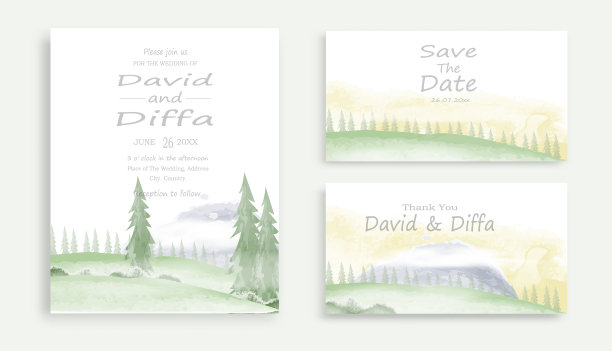 风景主题和水彩元素的婚礼请帖图片下载