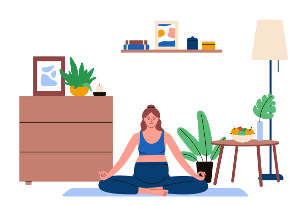 怀孕的女孩在做瑜伽，坐在莲花的姿势。女人在家冥想。怀孕。平面矢量插图。图片下载