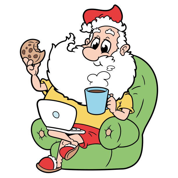 圣诞老人坐在扶手椅上，手里拿着笔记本电脑和杯子图片下载