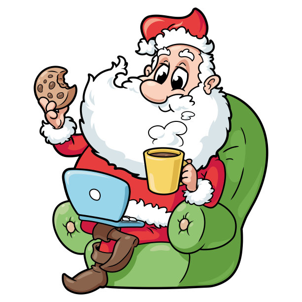 圣诞老人带着笔记本电脑坐在扶手椅上图片下载