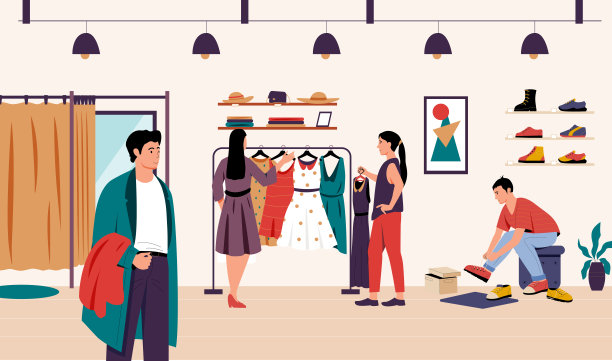 时尚精品。人们在服装店挑选商品。妇女选择衣服和咨询卖方图片下载