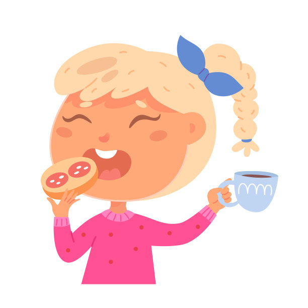 女孩吃着三明治，饥饿的快乐的孩子拿着面包和香肠片，一杯咖啡图片下载