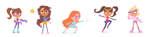 超级女声的力量，超级英雄的角色设置，孩子们穿着时尚狂欢节的服装和面具图片下载