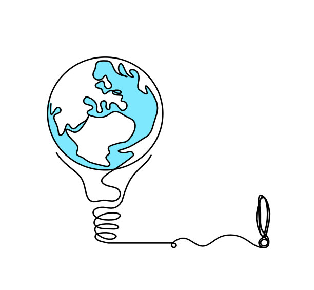 抽象行星地球在灯泡和感叹号作为线画在白色的背景图片下载