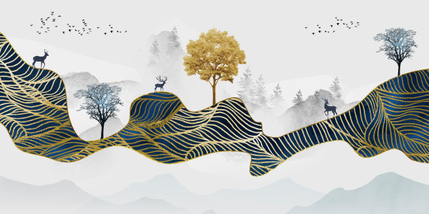 墙纸景观与树木。鹿、圣诞树、山、云和金蓝色的海浪。3d现代油画艺术壁画图片下载