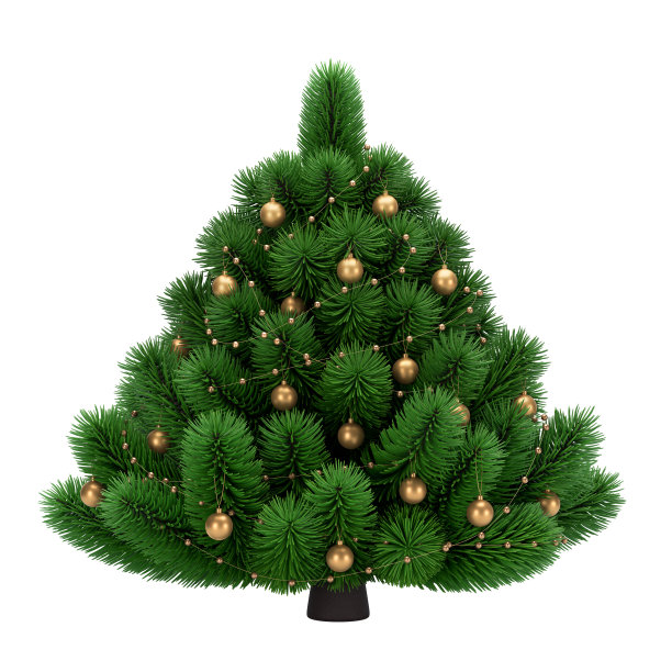 绿色的云杉树上有金色的玩具。用于装饰的孤立冷杉植物。3 d演示。图片下载