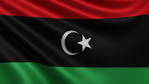 渲染的利比亚国旗在风中飘扬特写，利比亚国旗飘扬在4k分辨率，特写，颜色:RGB。图片下载