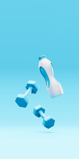 哑铃和瓶子漂浮在蓝色背景3d渲染图片下载
