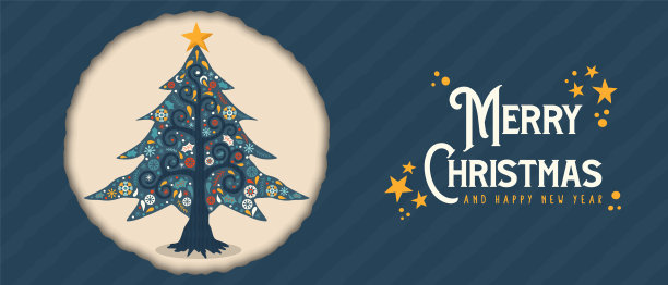 圣诞新年复古民间艺术松树横幅图片下载