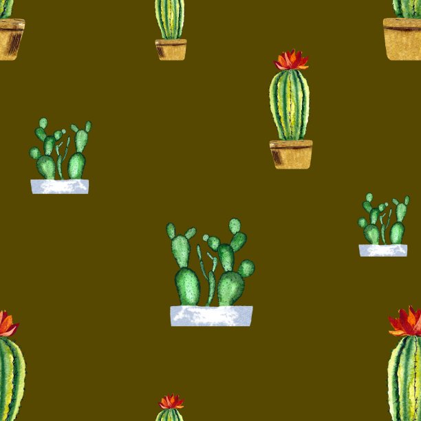 花盆中仙人掌无缝花纹绿色水彩图片下载