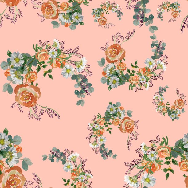 花玫瑰雏菊枝图案粉红色水彩画图片下载