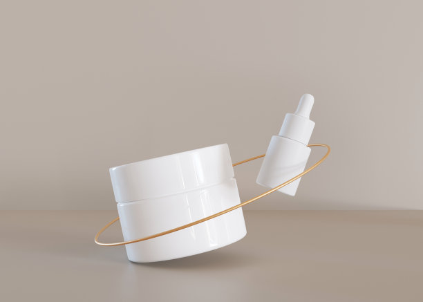白色和空白，无品牌化妆品霜罐和滴管与飞行的金色戒指在米色背景。护肤品展示。现代模拟。护肤、美容和水疗。副本的空间。3 d渲染。图片下载