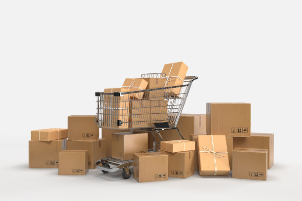 用购物车包装纸板箱。配送、货物、物流运输仓储仓储概念。三维渲染图片下载