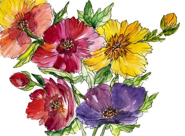 抽象的五颜六色的花朵。用颜料绘画，印象派风格，花画，丙烯，水粉。用于设计或印刷的手绘花卉插图。图片下载