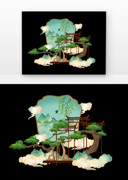 立春国潮国风春季山水装饰松树云手绘新中式图片下载