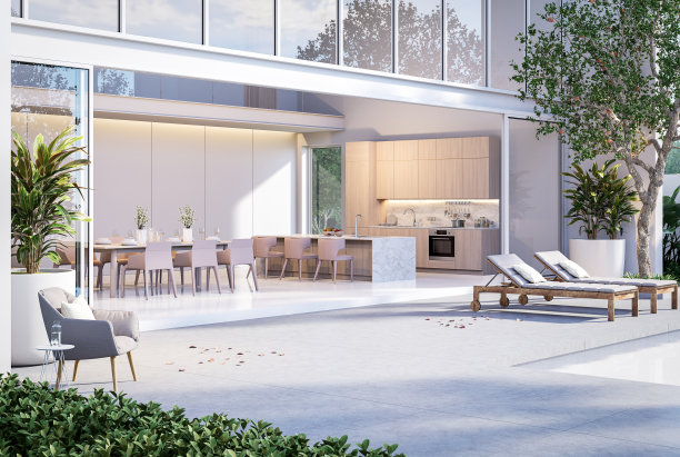 现代风格的混凝土露台，餐厅和厨房在现代风格的白宫背景3D渲染图片下载