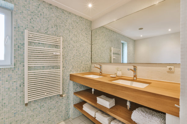 浴室的内部配有现代化设备，在一个舒适的房子里图片下载