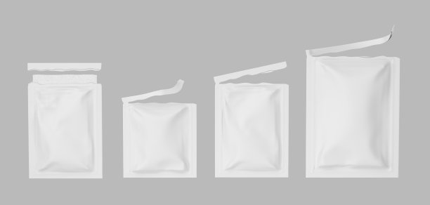 打开香囊，撕白纸或锡箔包装，袋模型3d渲染。现实的一套孤立的空白包装湿巾，糖，咖啡或化妆品样品的灰色背景图片下载