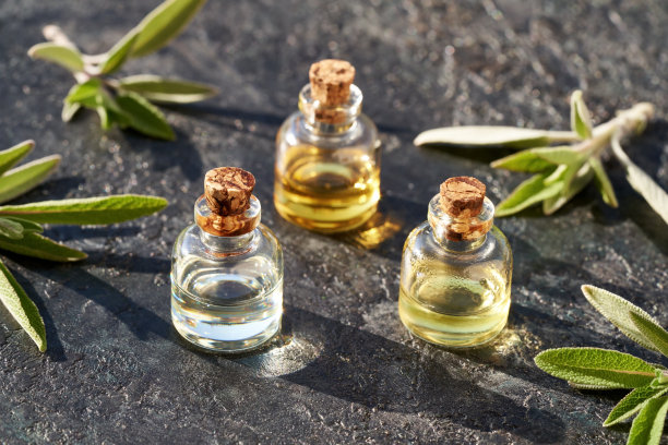 装有新鲜鼠尾草枝的精油瓶图片下载