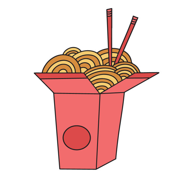 传统炒面在外卖纸箱盒与筷子。亚洲食品。涂鸦，等高线绘图。矢量插图孤立在白色背景上图片下载