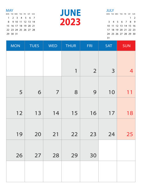 2023日历模板- 2023年6月，周从周一开始，2023挂历设计，台历模板，企业计划表，文具，组织者日记，印刷媒体，矢量图片下载